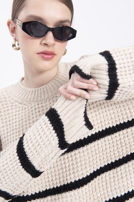 Bayan Bej Bisiklet Yaka Oversize Triko Kazak - BSL