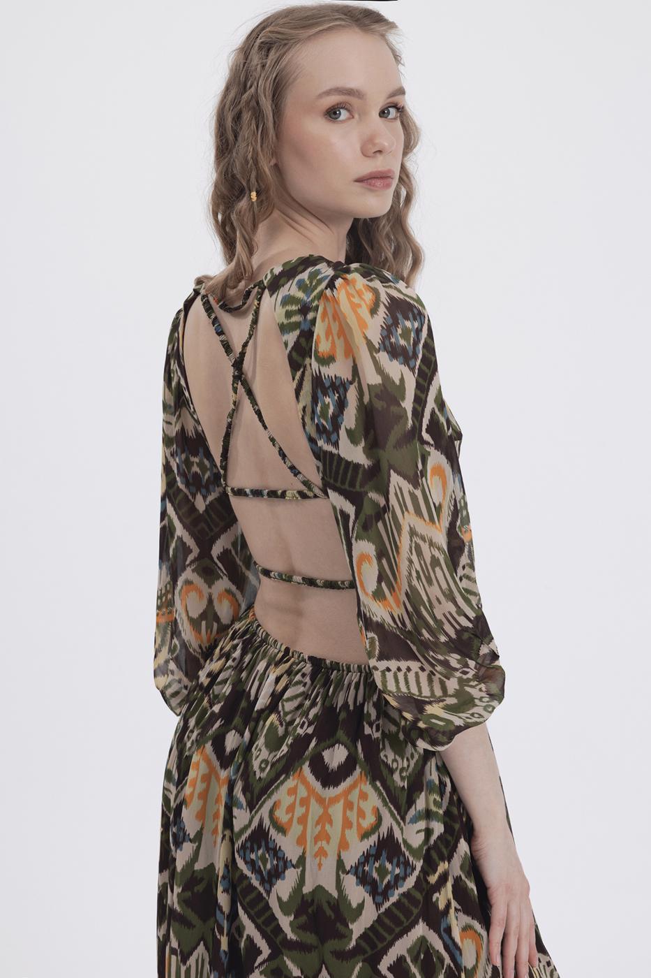 Bayan Yeşil Sırt Dekolteli Maksi Elbise