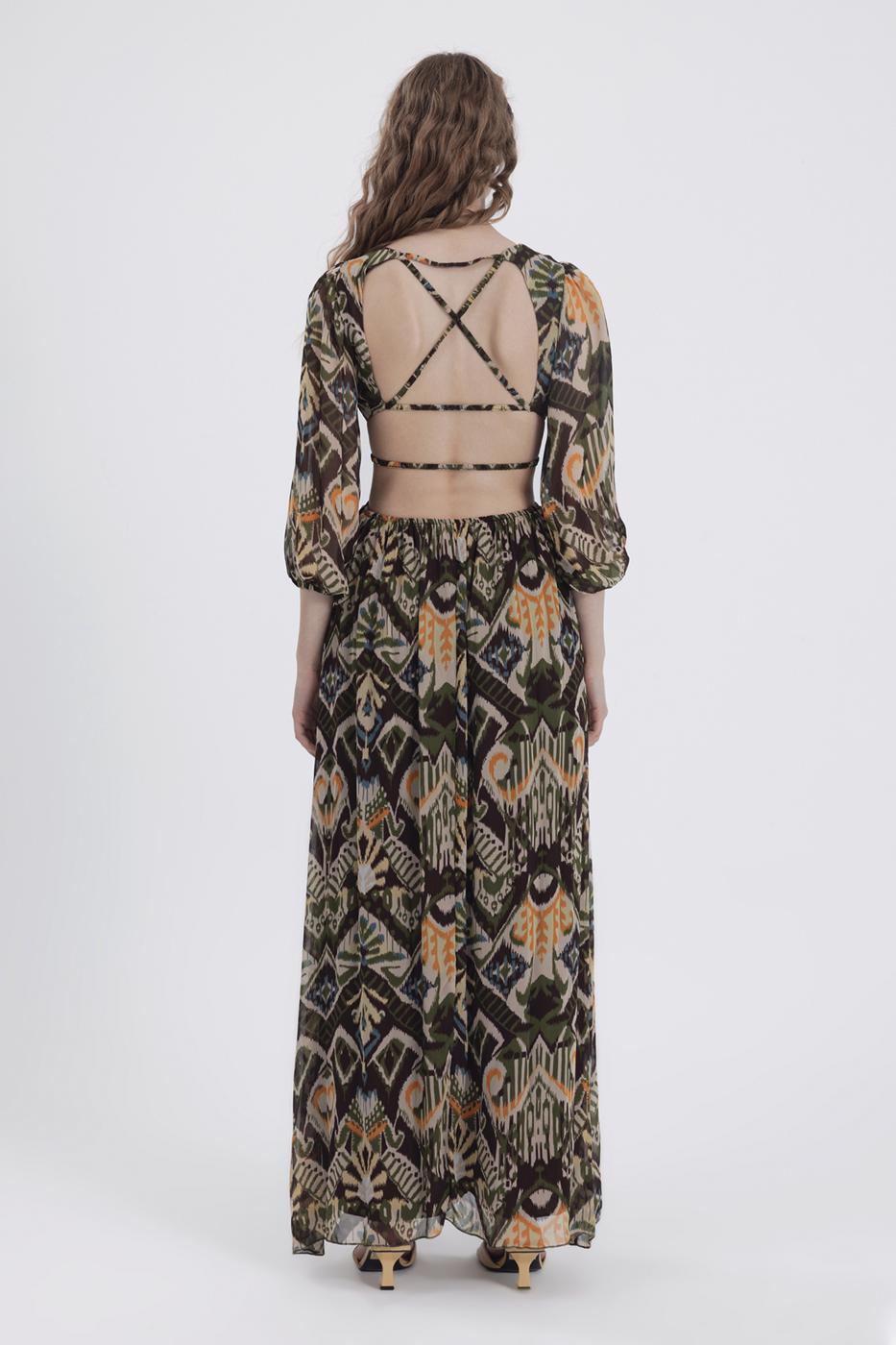 Bayan Yeşil Sırt Dekolteli Maksi Elbise