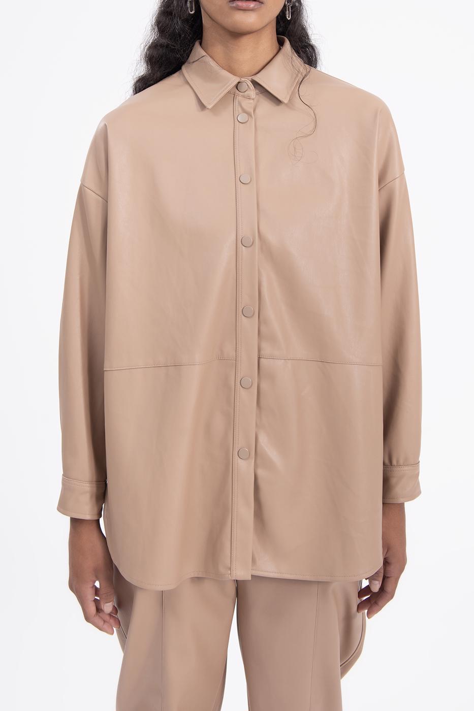 Bayan Camel Oversize Deri Gömlek