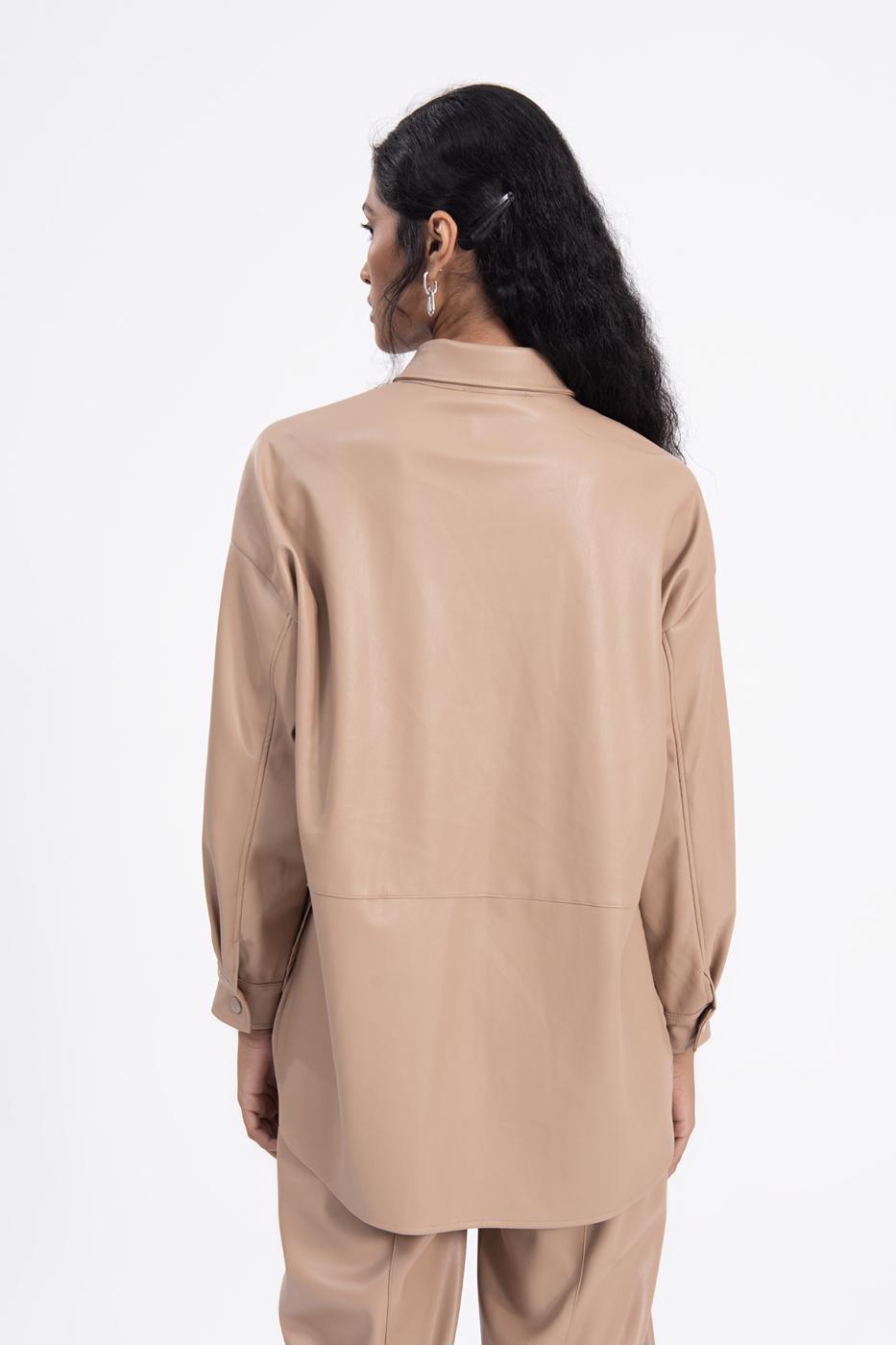 Bayan Camel Oversize Deri Gömlek