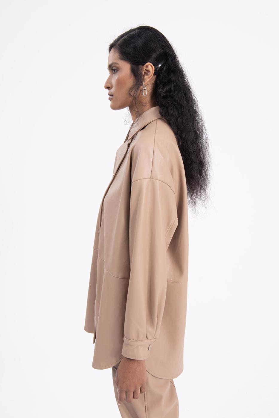 Bayan Camel Oversize Deri Gömlek