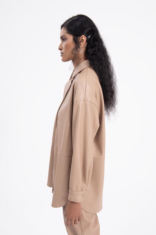 Bayan Camel Oversize Deri Gömlek - BSL