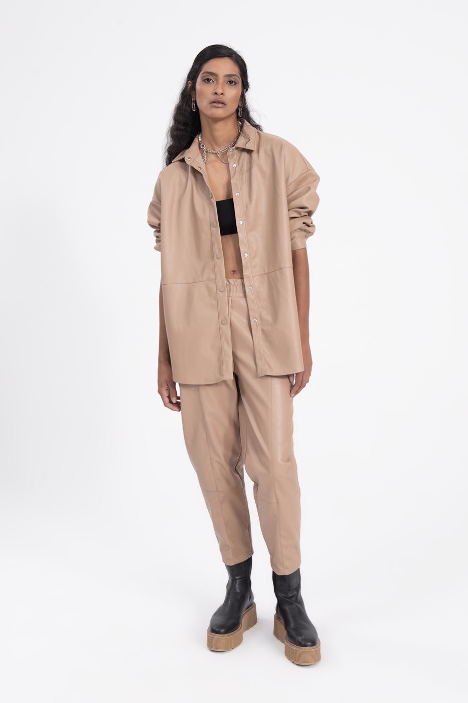 Bayan Camel Oversize Deri Gömlek
