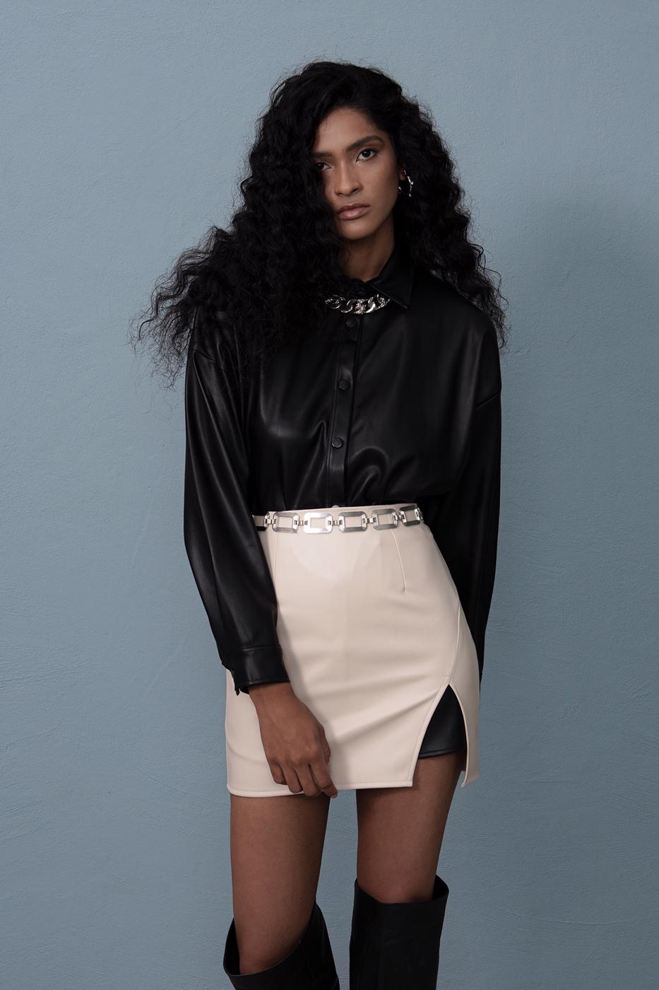 Bayan Siyah Oversize Deri Gömlek