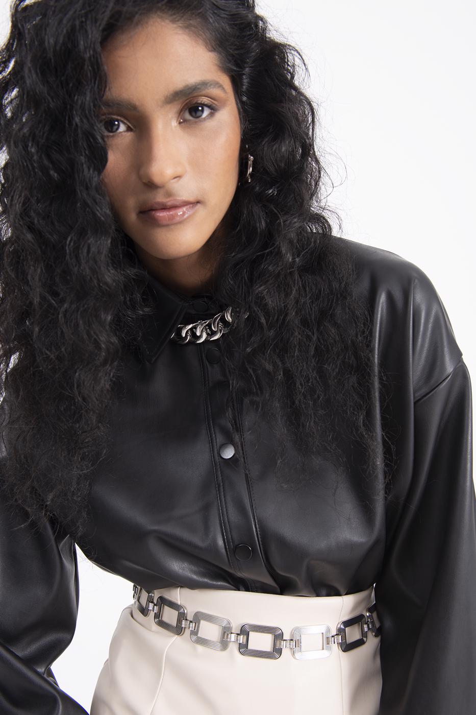 Bayan Siyah Oversize Deri Gömlek