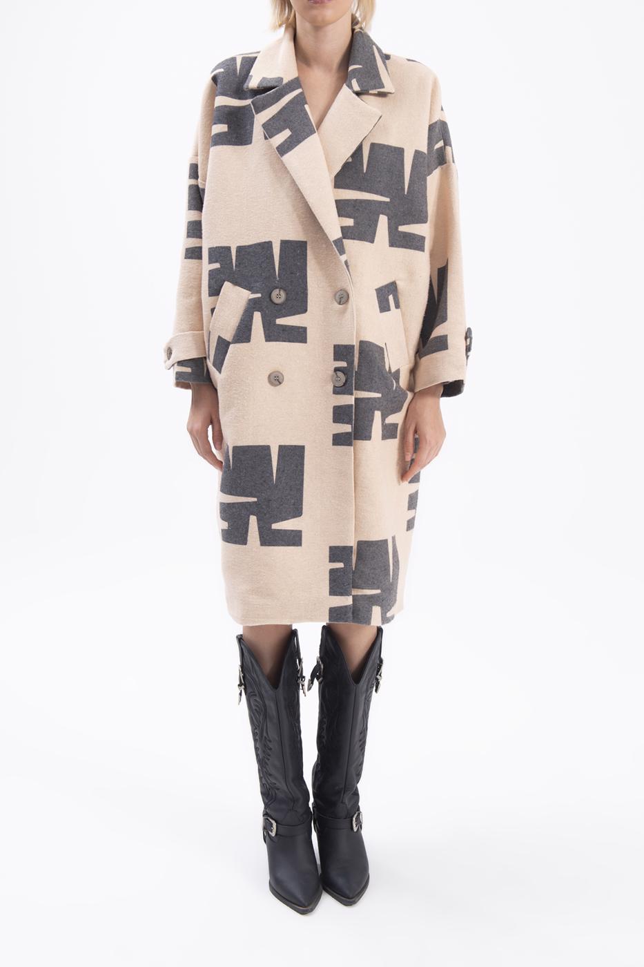 Bayan Ekru Ceket Yakalı Desenli Kaban