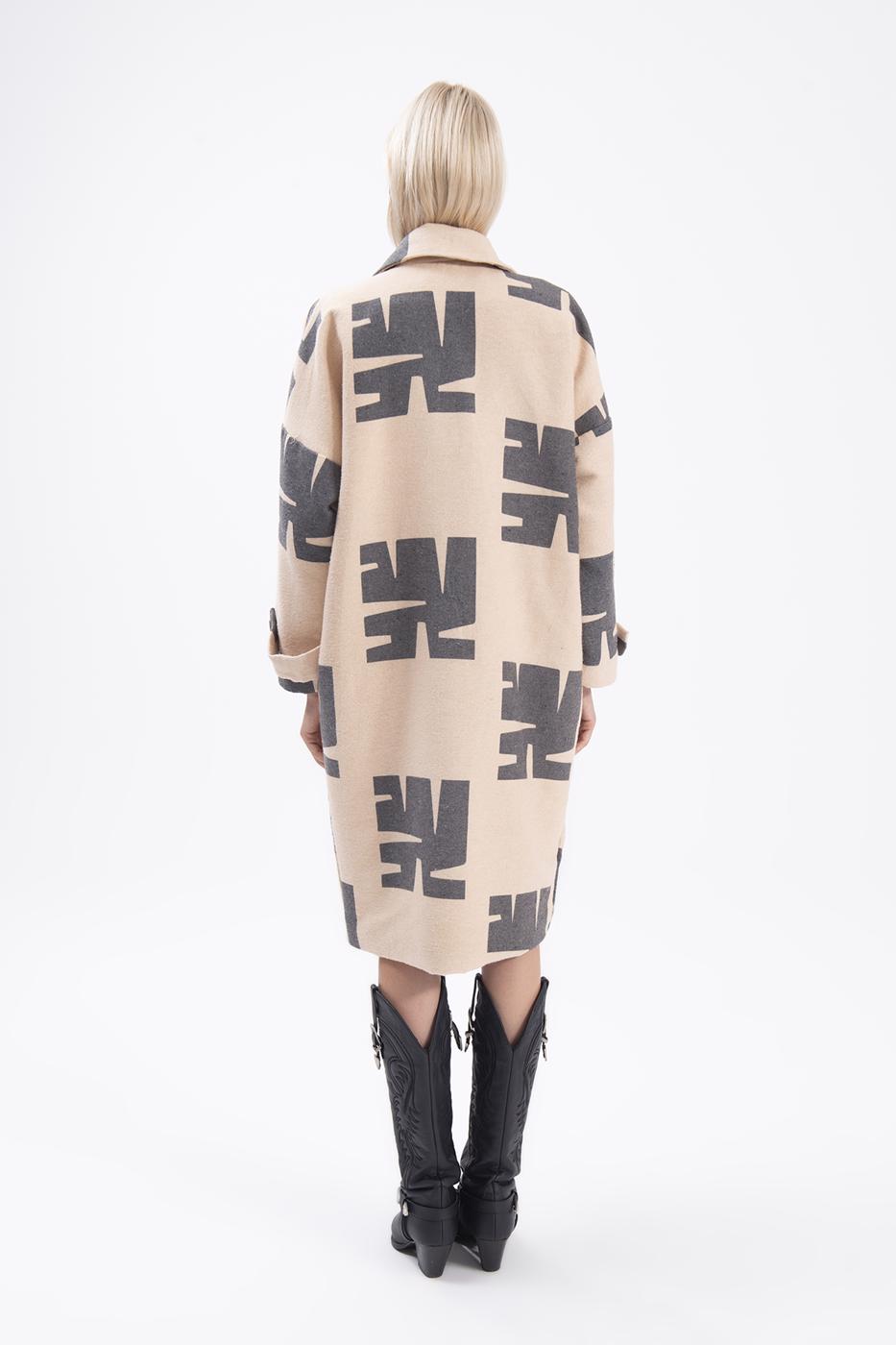 Bayan Ekru Ceket Yakalı Desenli Kaban