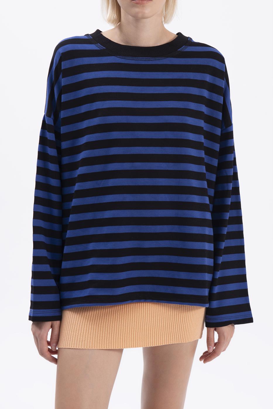 Bayan Mavi Çizgili Basic Sweatshirt