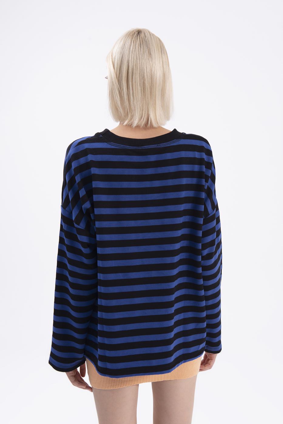 Bayan Mavi Çizgili Basic Sweatshirt