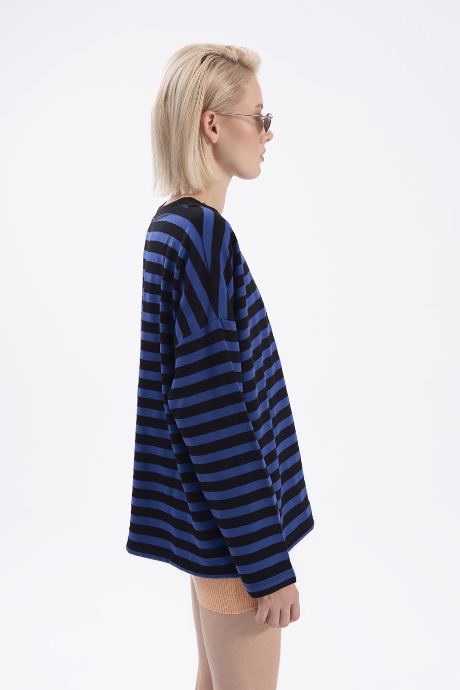 Bayan Mavi Çizgili Basic Sweatshirt