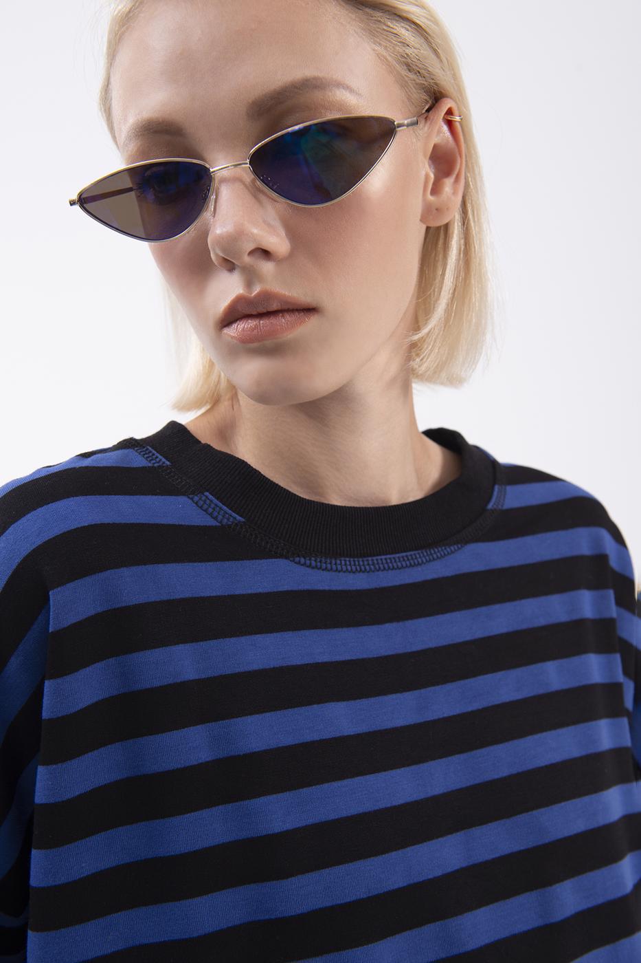 Bayan Mavi Çizgili Basic Sweatshirt