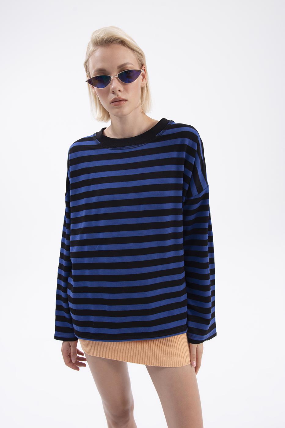 Bayan Mavi Çizgili Basic Sweatshirt