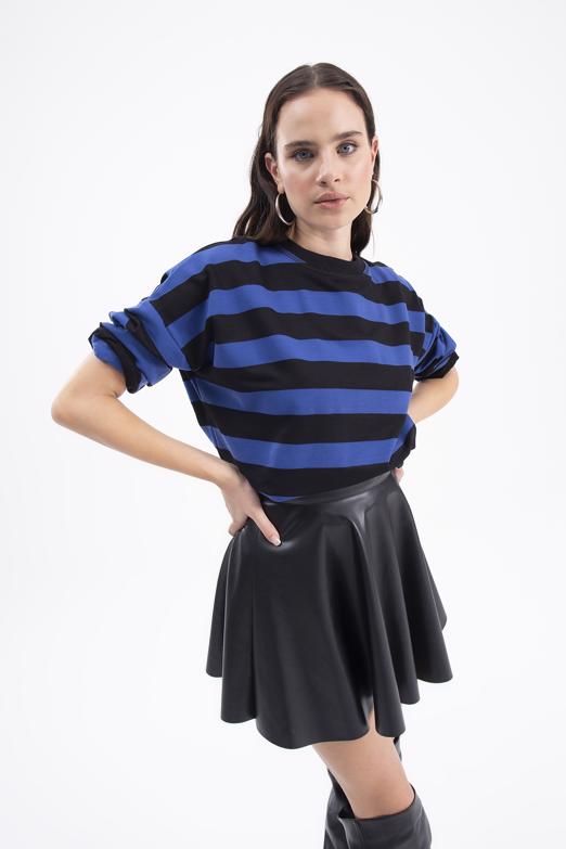 Bayan Sax Çizgili Basic Sweatshirt - BSL