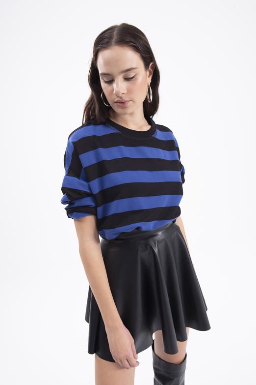 Bayan Sax Çizgili Basic Sweatshirt - BSL
