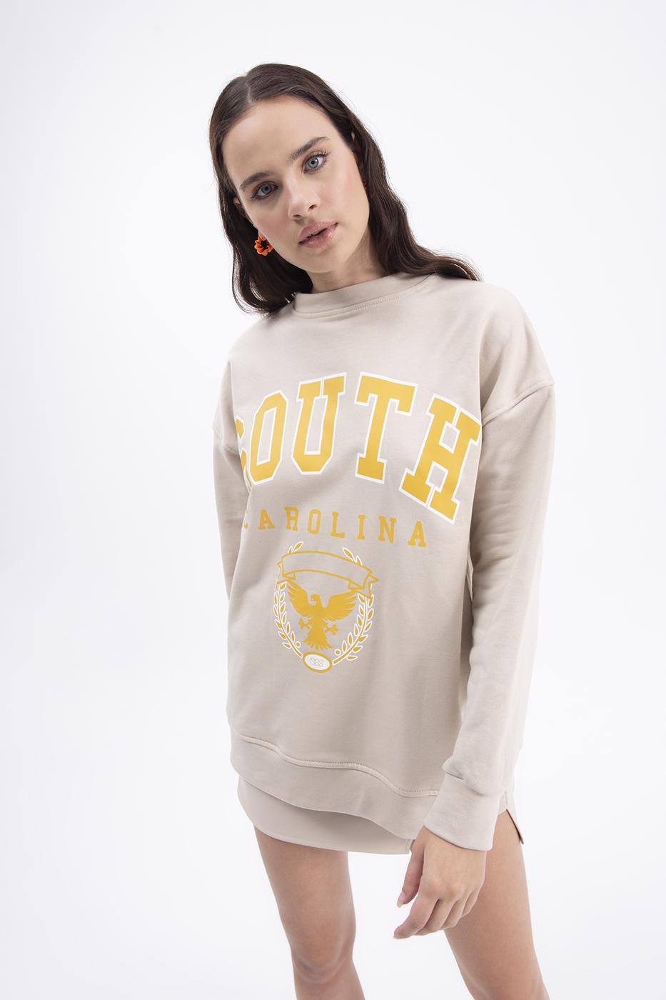 Bayan Bej Baskılı Basic Sweatshirt