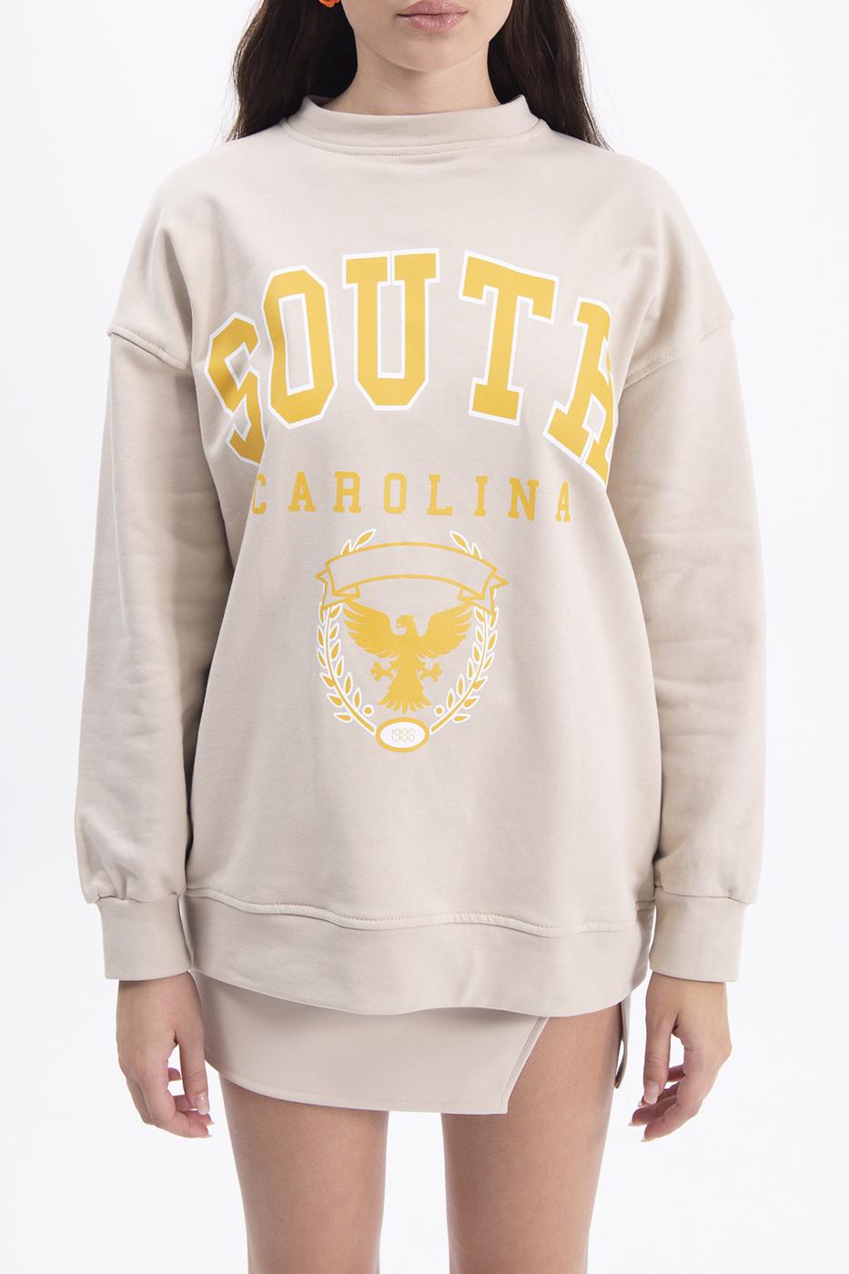 Bayan Bej Baskılı Basic Sweatshirt