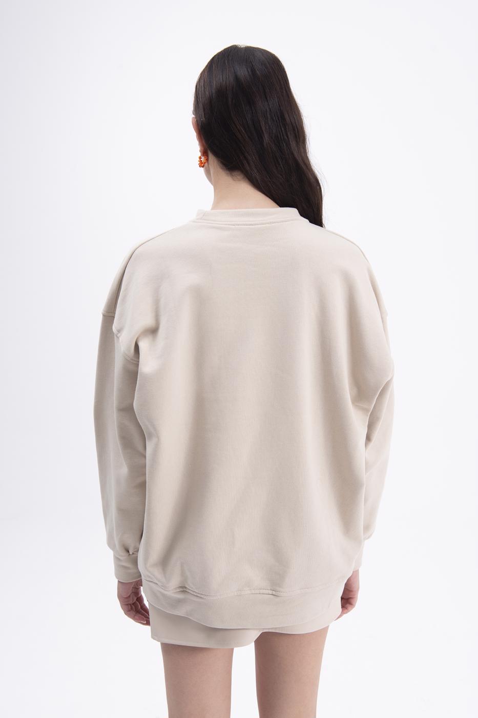 Bayan Bej Baskılı Basic Sweatshirt