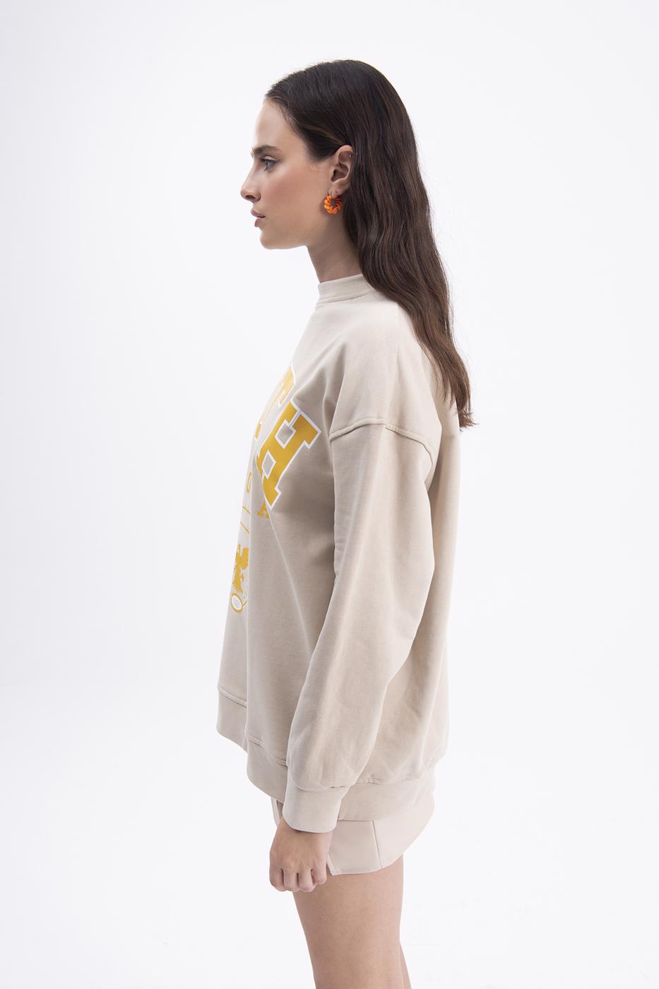 Bayan Bej Baskılı Basic Sweatshirt
