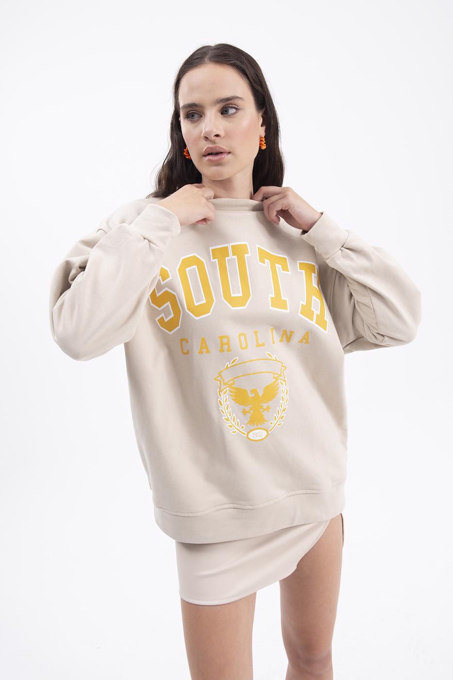 Bayan Bej Baskılı Basic Sweatshirt