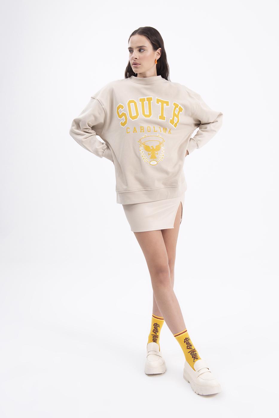 Bayan Bej Baskılı Basic Sweatshirt