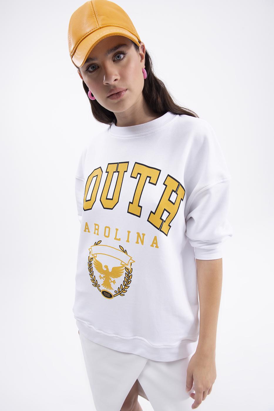 Bayan Beyaz Baskılı Basic Sweatshirt