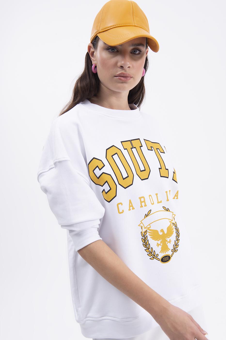 Bayan Beyaz Baskılı Basic Sweatshirt