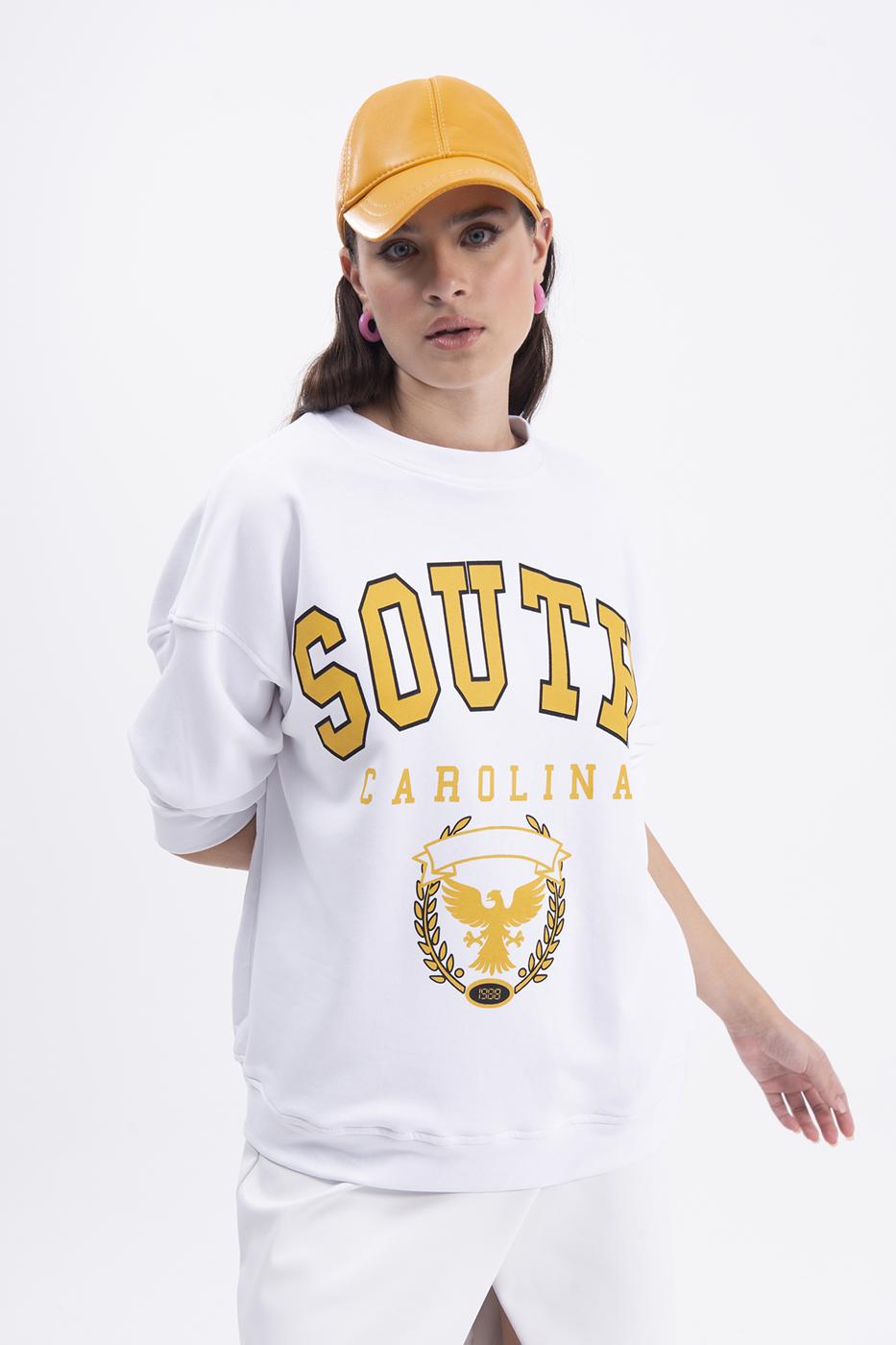 Bayan Beyaz Baskılı Basic Sweatshirt