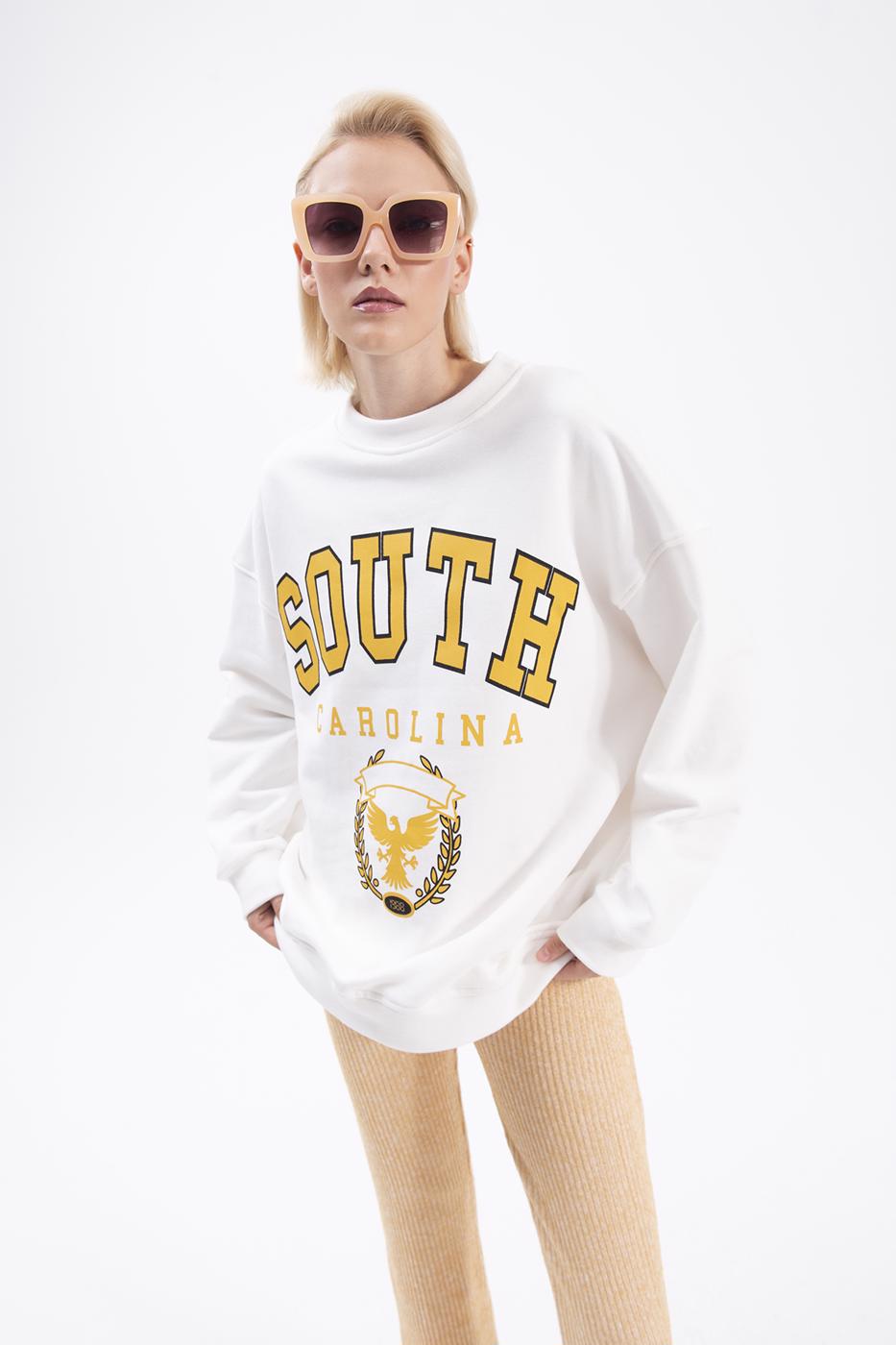 Bayan Ekru Baskılı Basic Sweatshirt