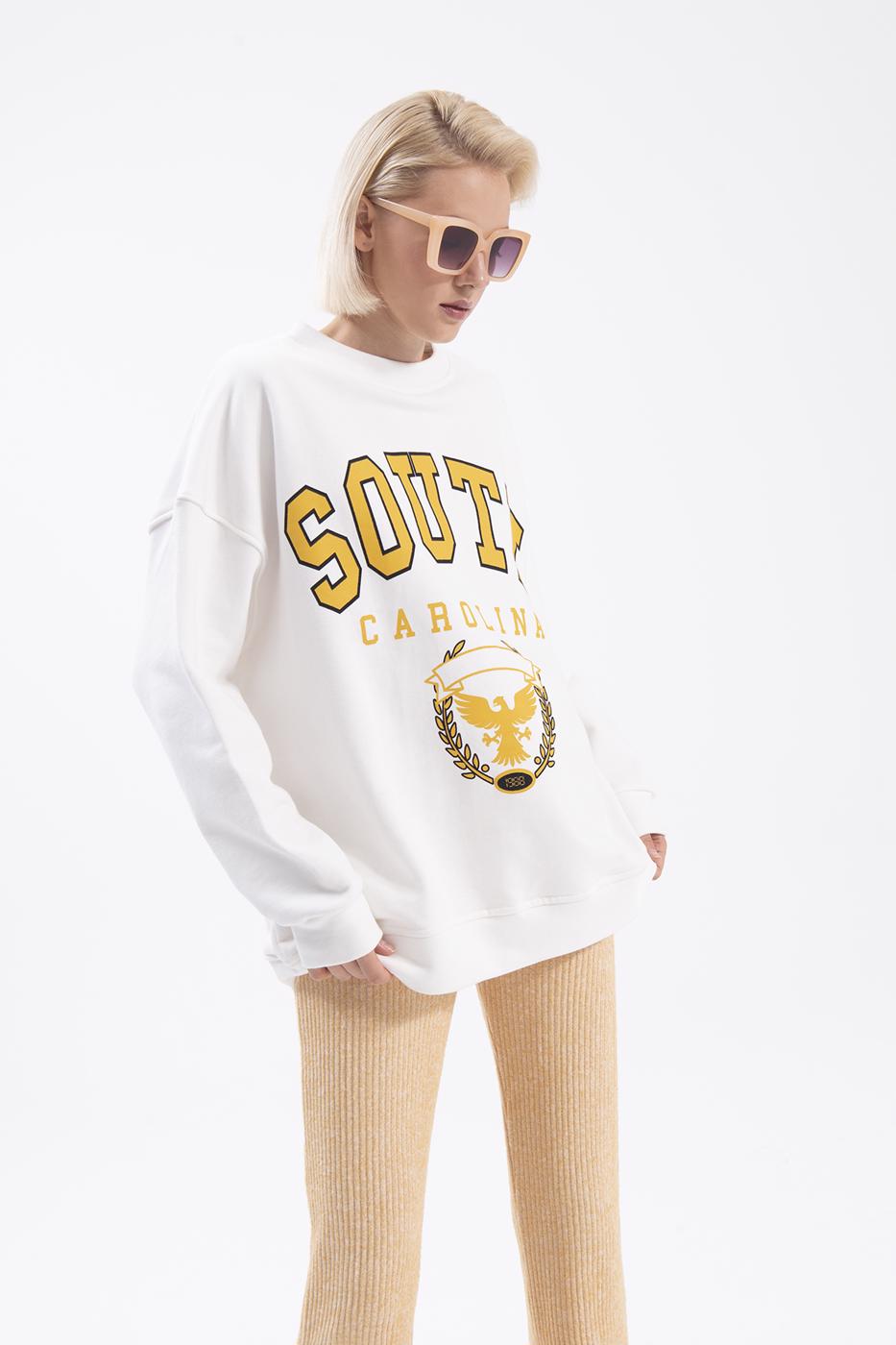 Bayan Ekru Baskılı Basic Sweatshirt