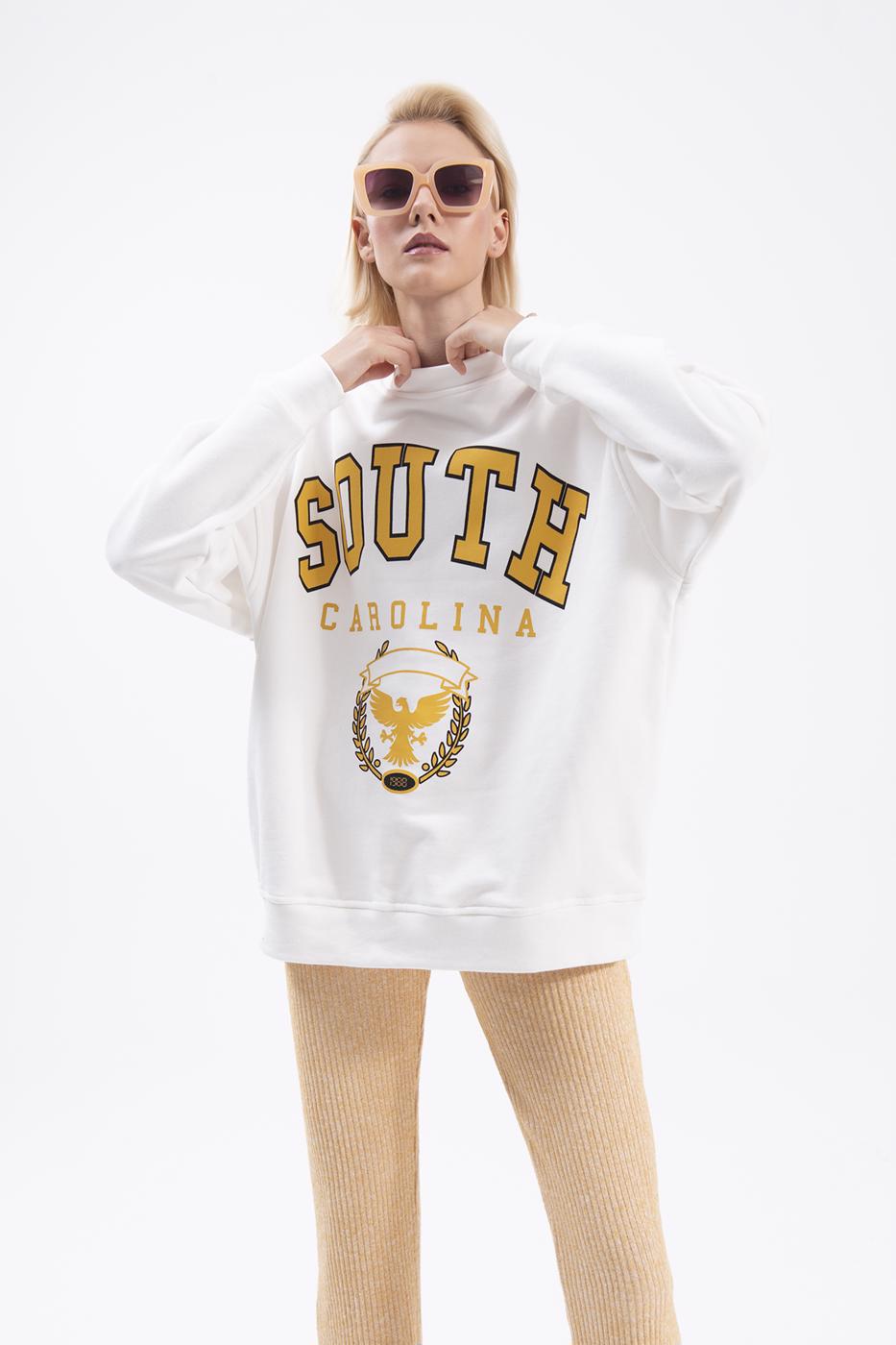 Bayan Ekru Baskılı Basic Sweatshirt