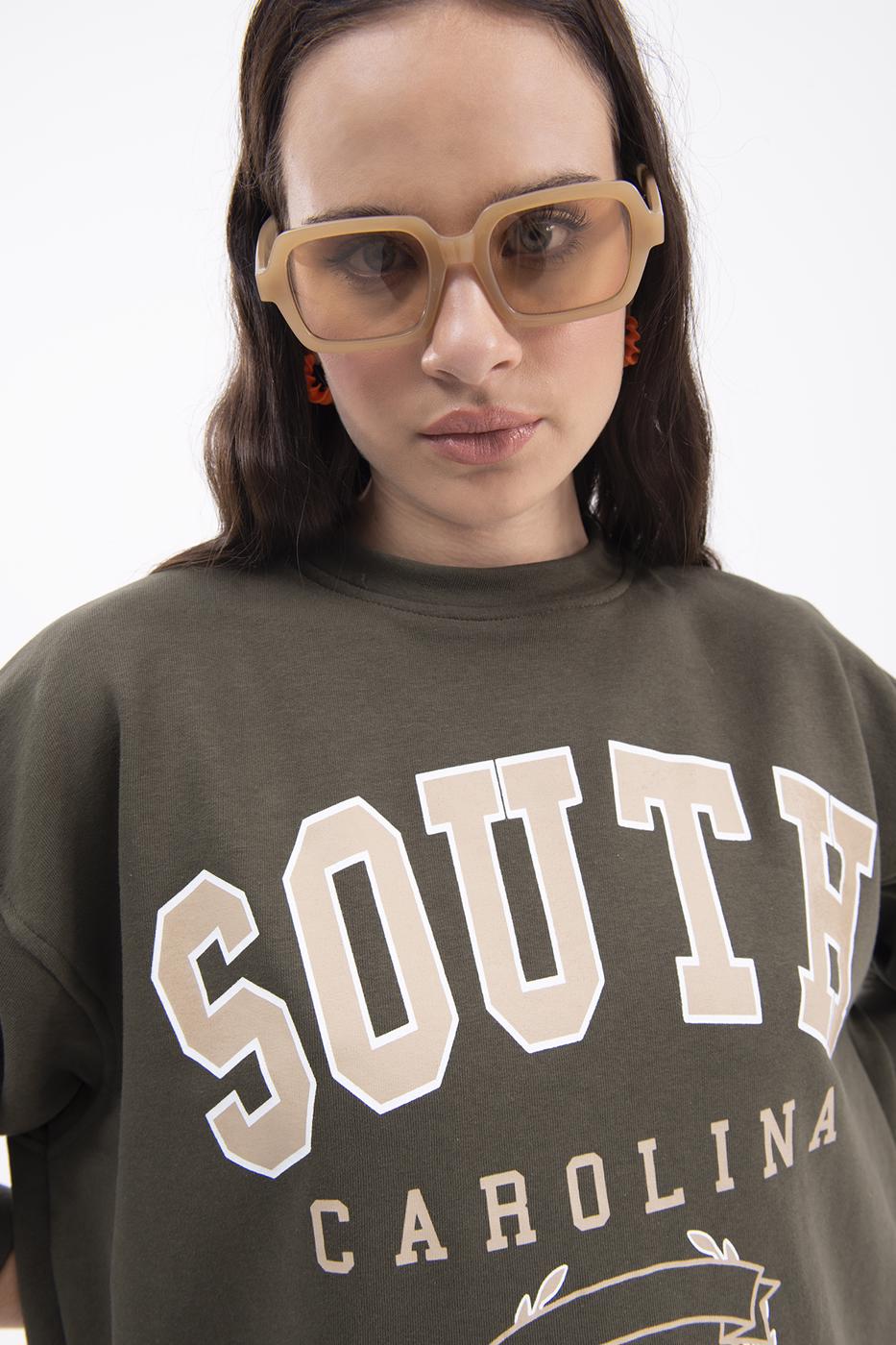 Bayan Haki Baskılı Basic Sweatshirt