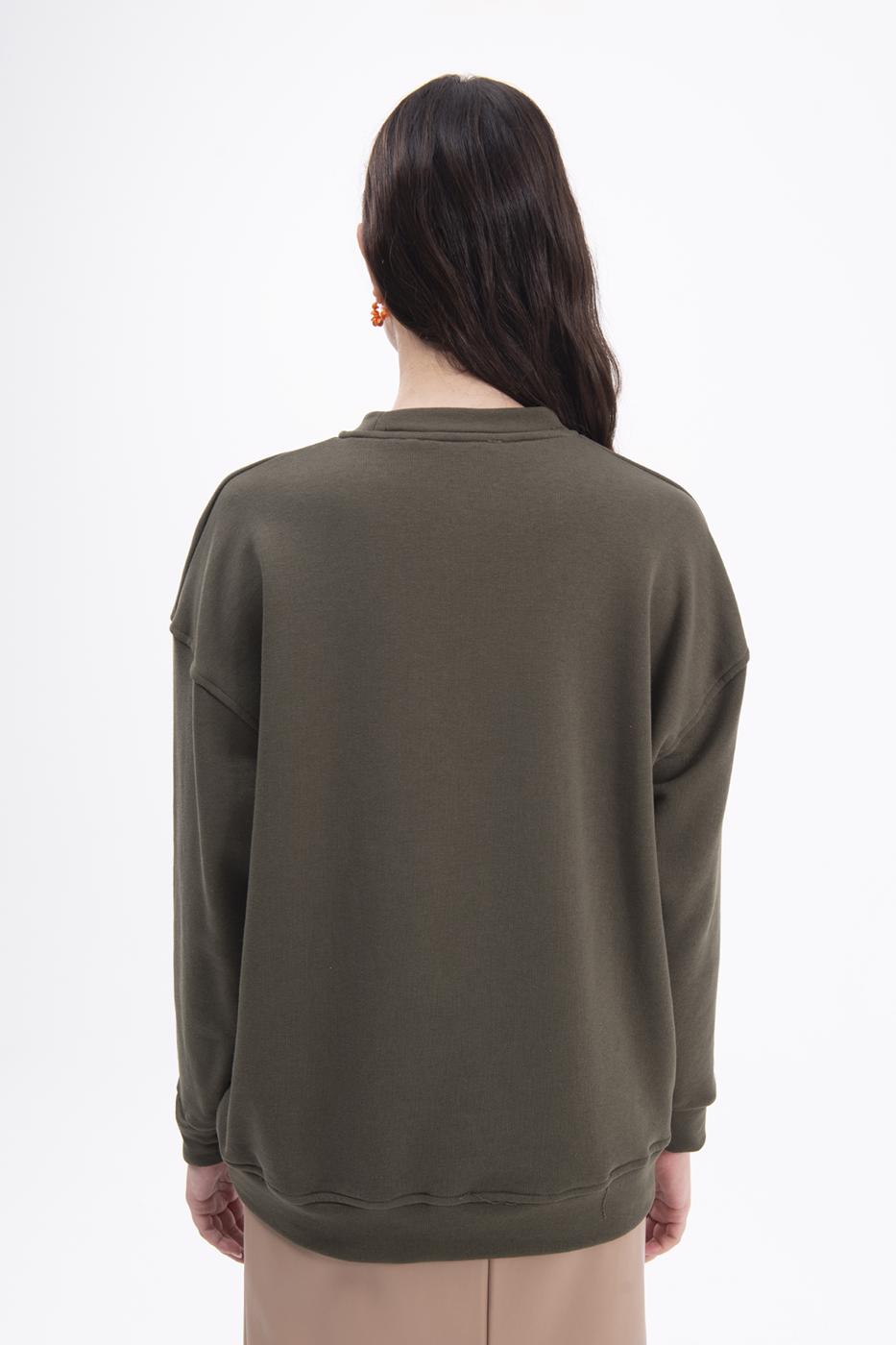 Bayan Haki Baskılı Basic Sweatshirt