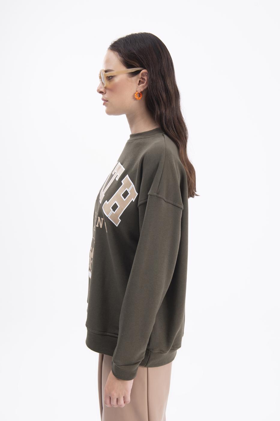 Bayan Haki Baskılı Basic Sweatshirt