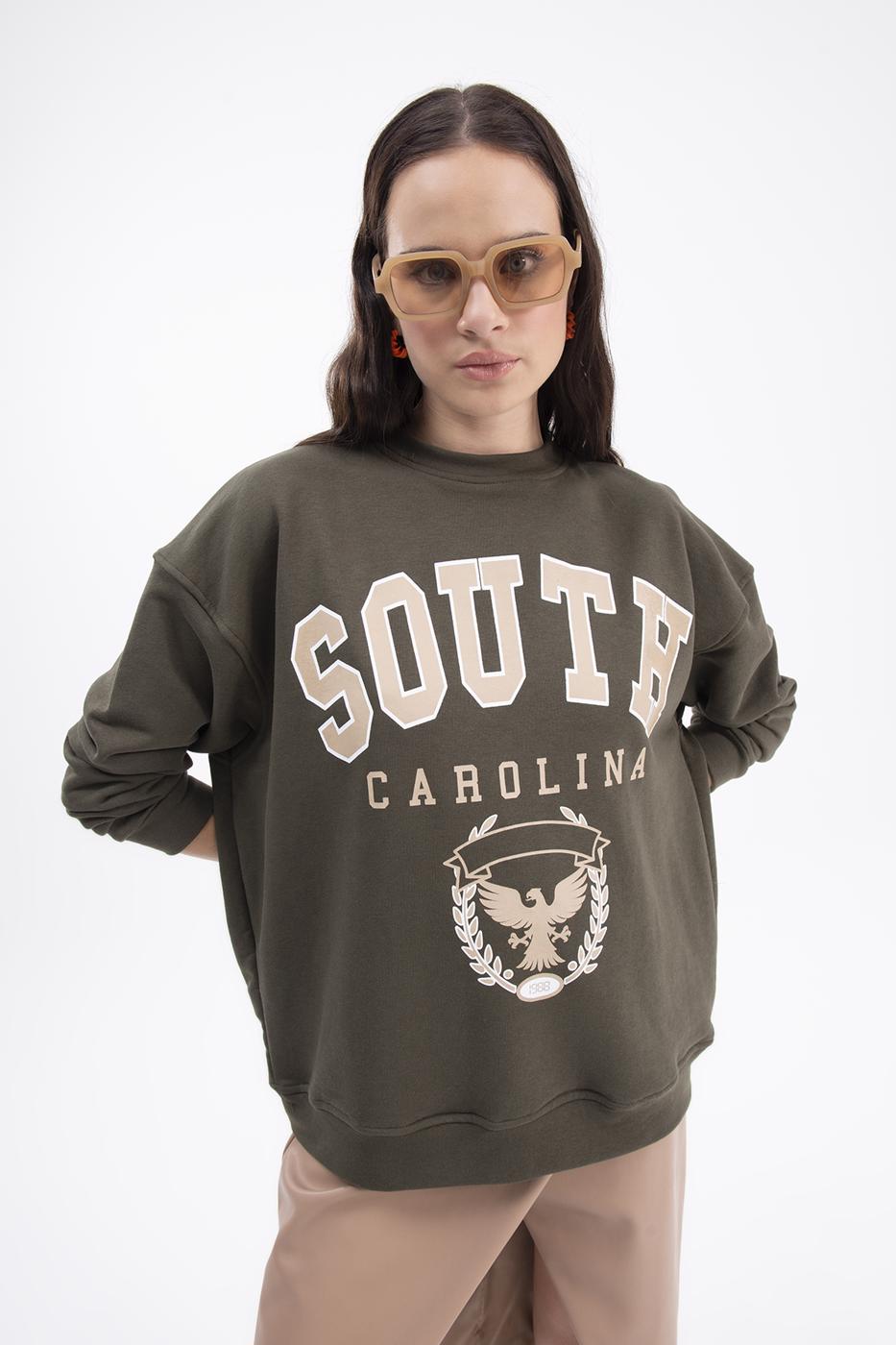 Bayan Haki Baskılı Basic Sweatshirt