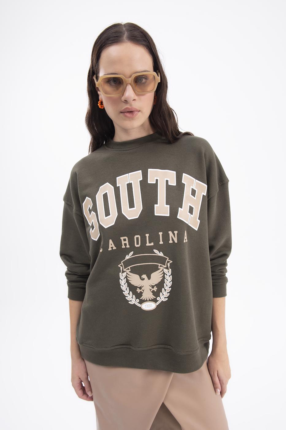 Bayan Haki Baskılı Basic Sweatshirt