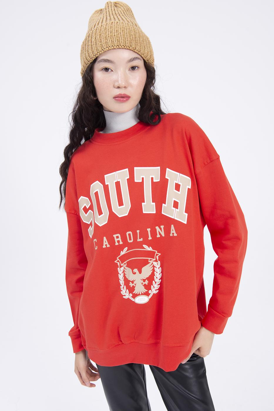 Bayan Kırmızı Baskılı Basic Sweatshirt