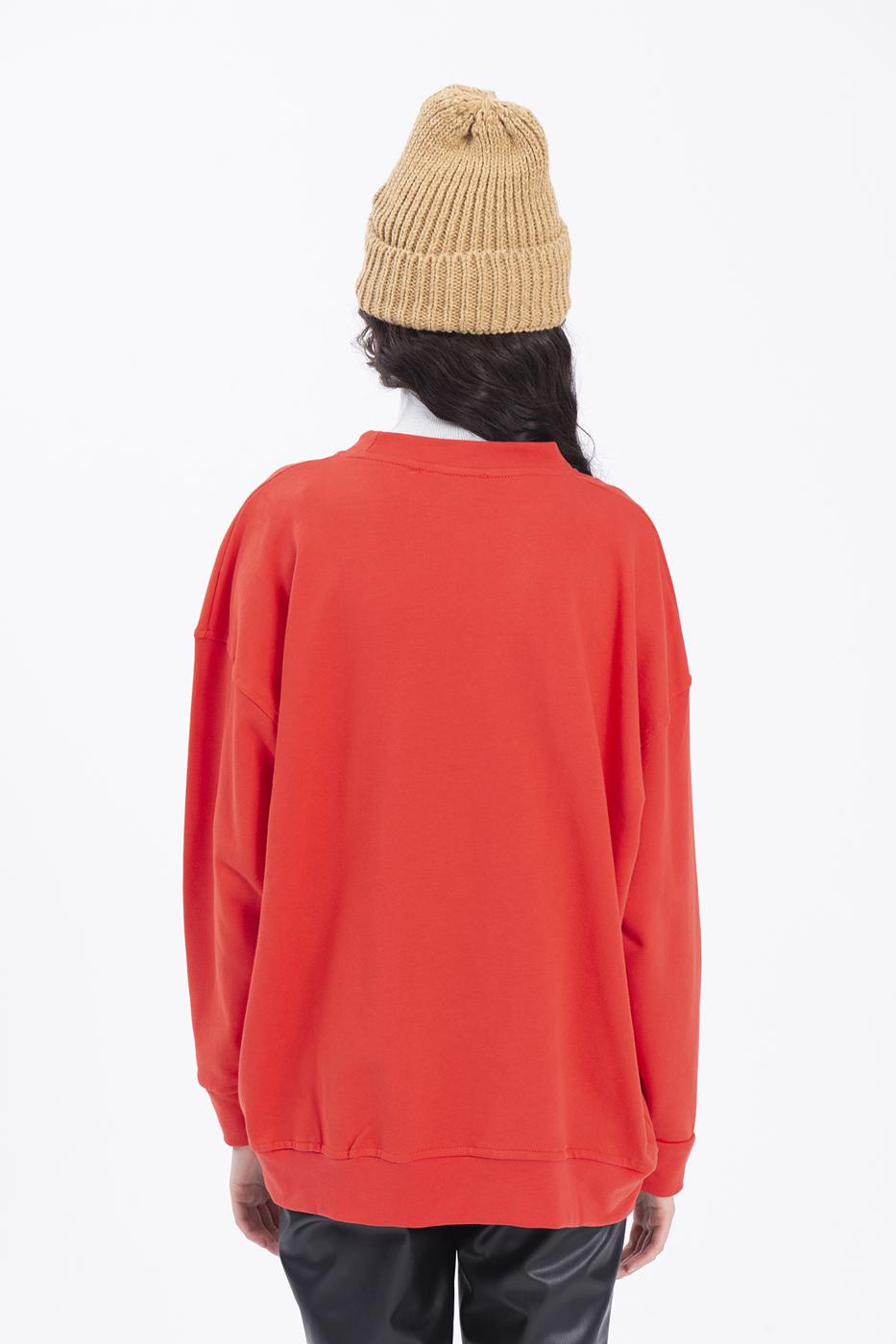 Bayan Kırmızı Baskılı Basic Sweatshirt