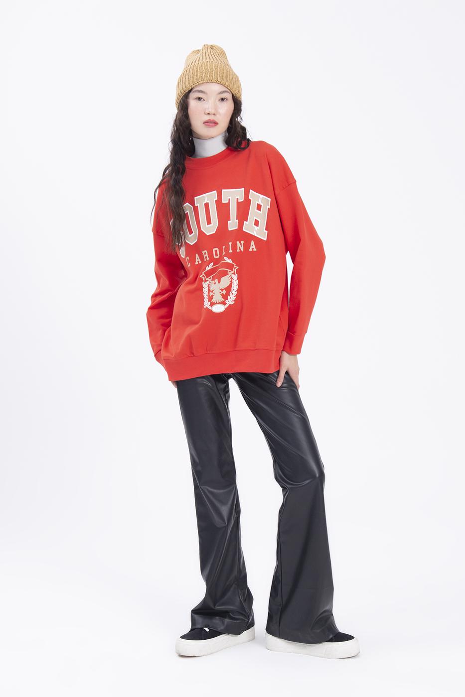 Bayan Kırmızı Baskılı Basic Sweatshirt