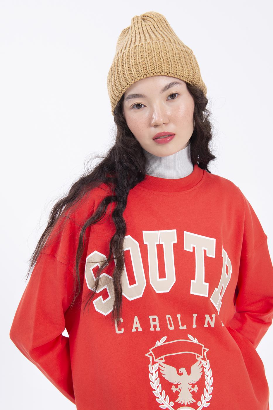 Bayan Kırmızı Baskılı Basic Sweatshirt