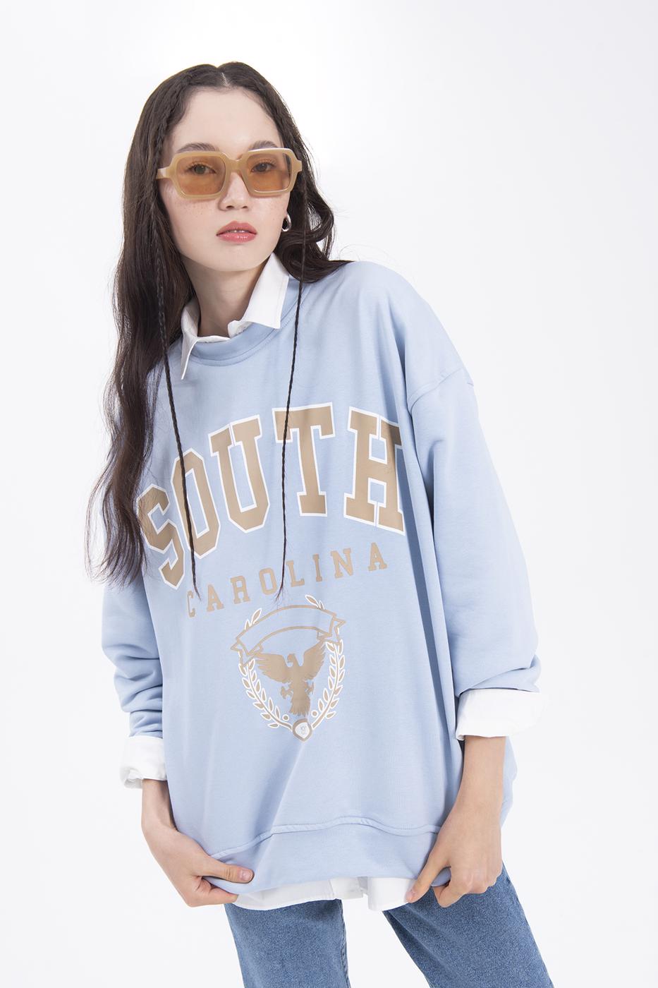 Bayan Mavi Baskılı Basic Sweatshirt