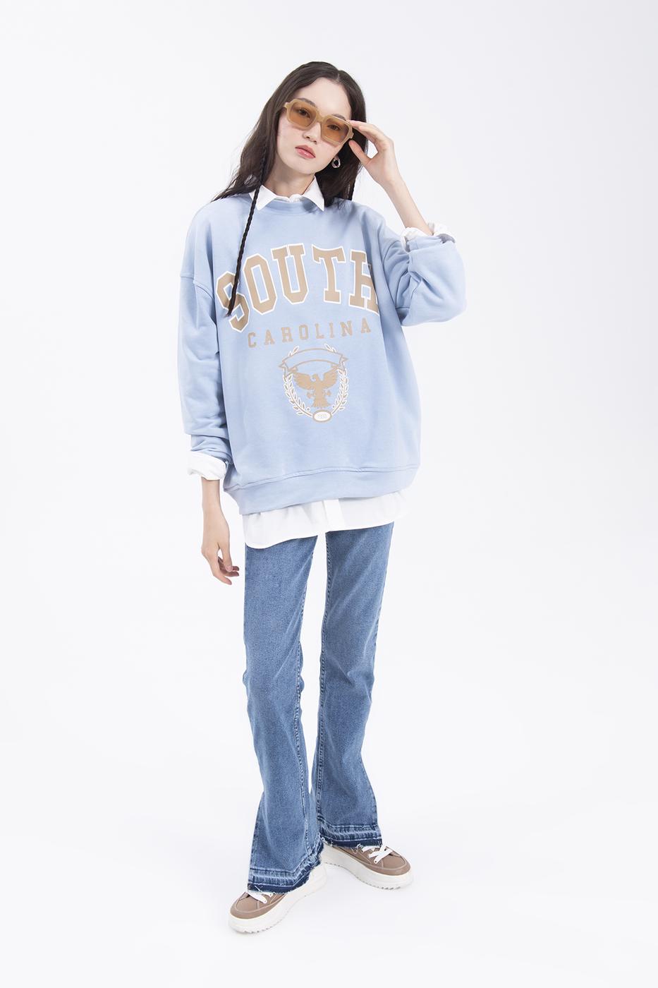 Bayan Mavi Baskılı Basic Sweatshirt