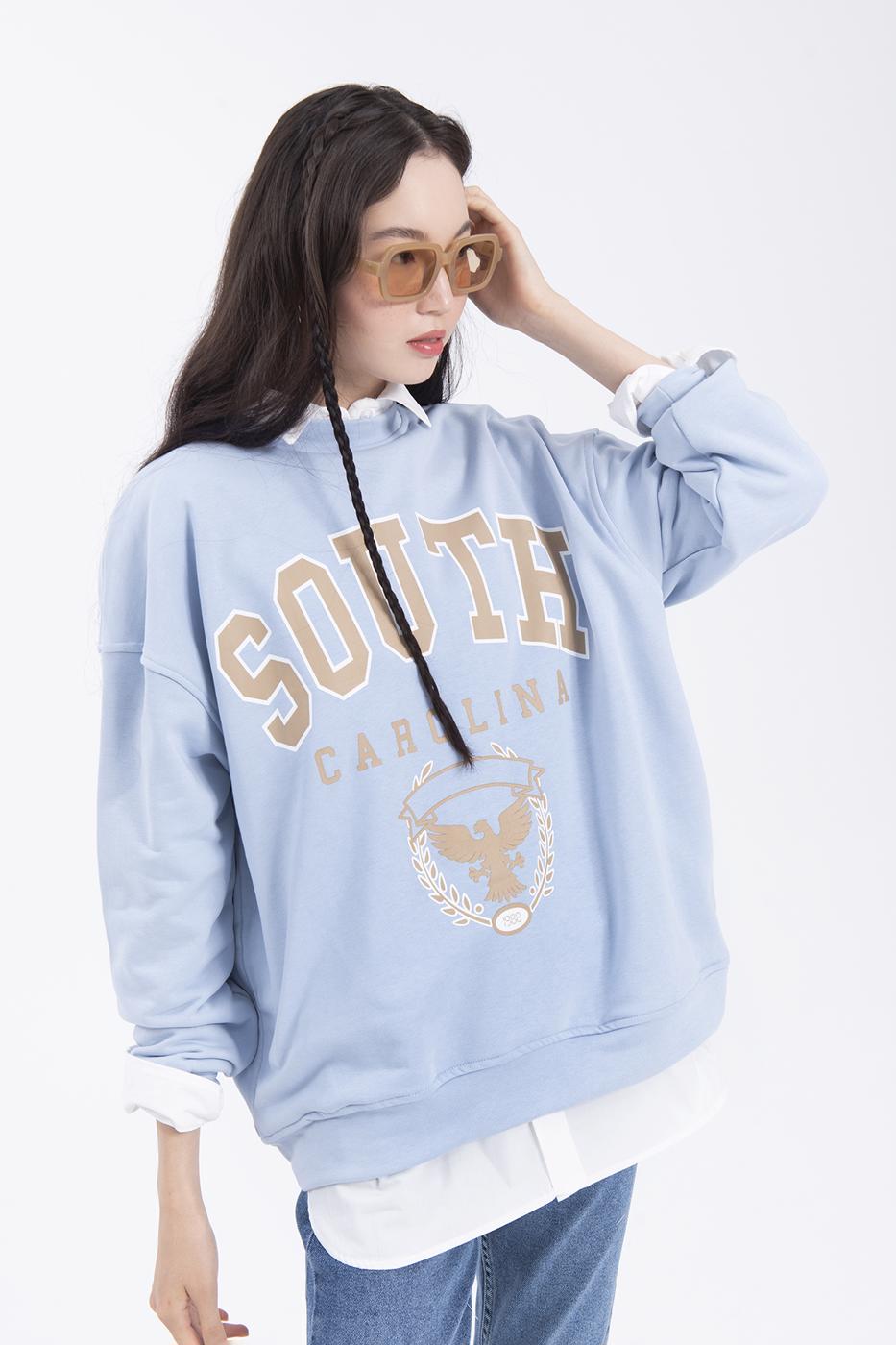 Bayan Mavi Baskılı Basic Sweatshirt