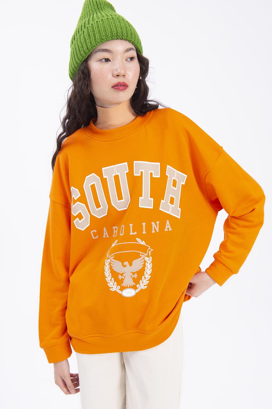 Bayan Oranj Baskılı Basic Sweatshirt