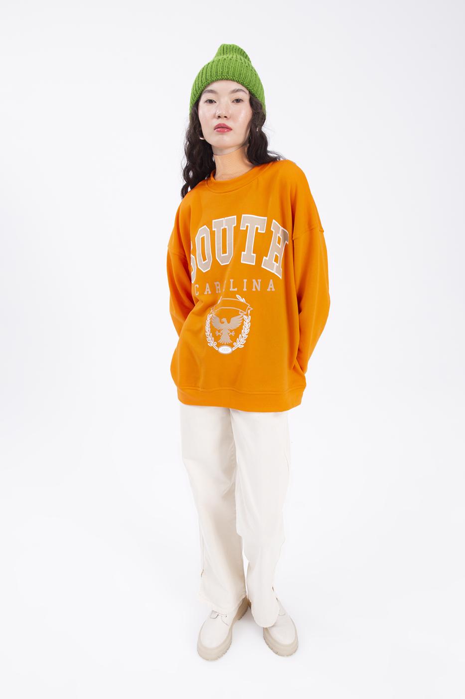 Bayan Oranj Baskılı Basic Sweatshirt