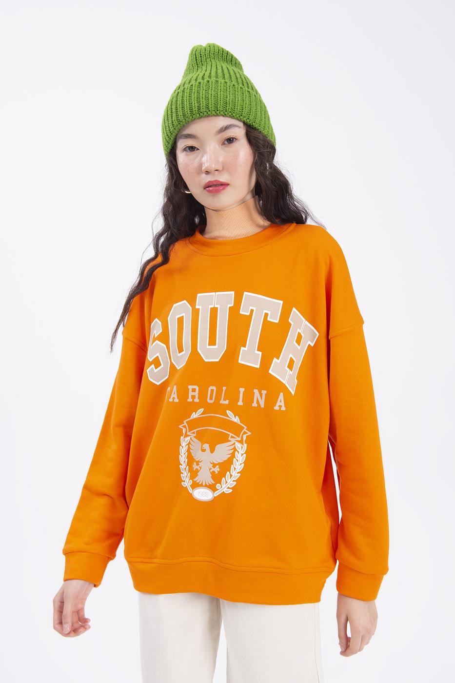 Bayan Oranj Baskılı Basic Sweatshirt