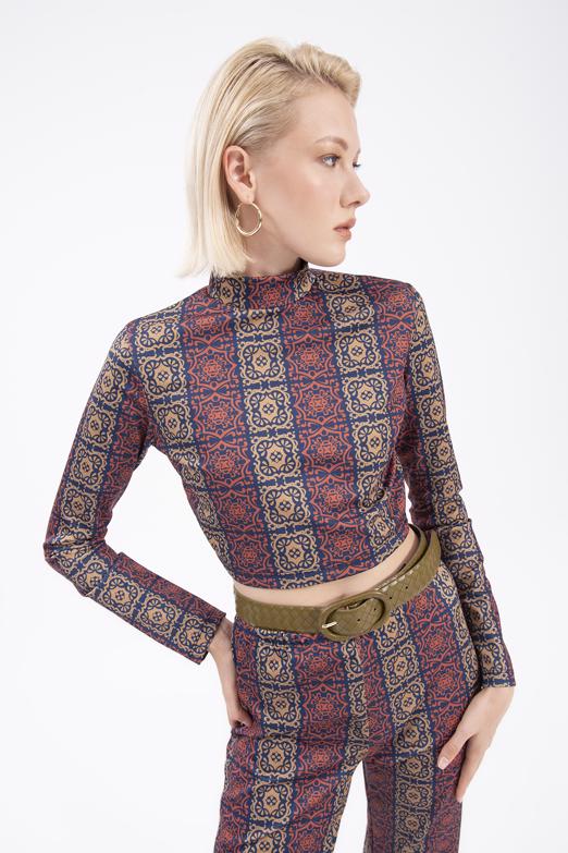 Bayan Lacivert Desenli Crop Top - BSL