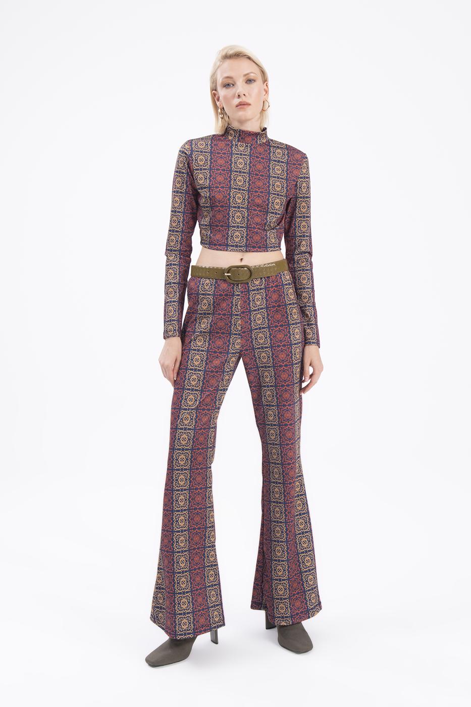 Bayan Lacivert İspanyol Paça Desenli Pantolon