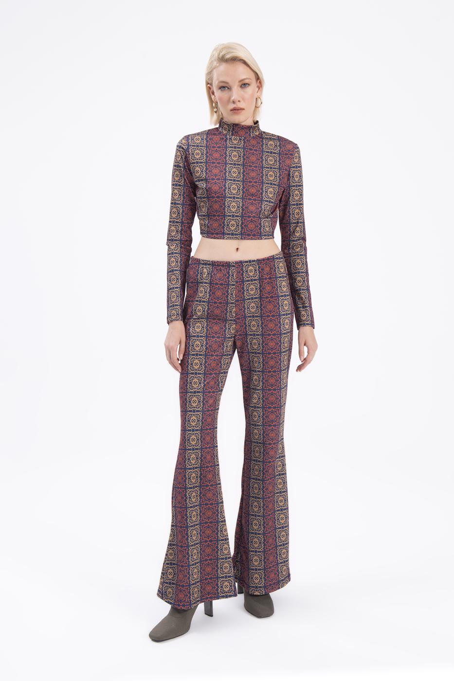 Bayan Lacivert İspanyol Paça Desenli Pantolon