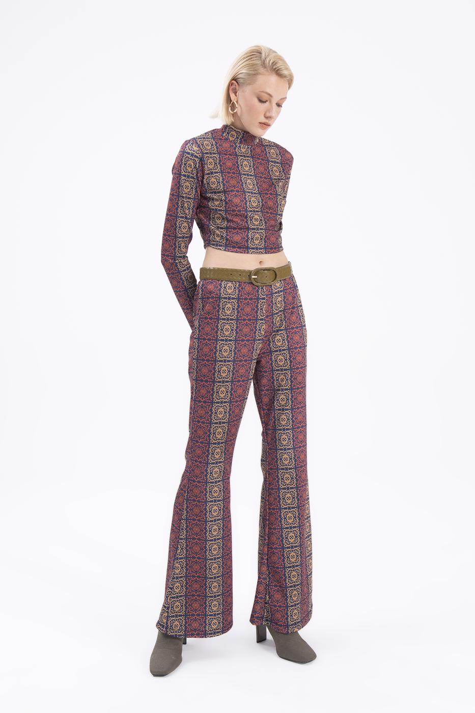 Bayan Lacivert İspanyol Paça Desenli Pantolon